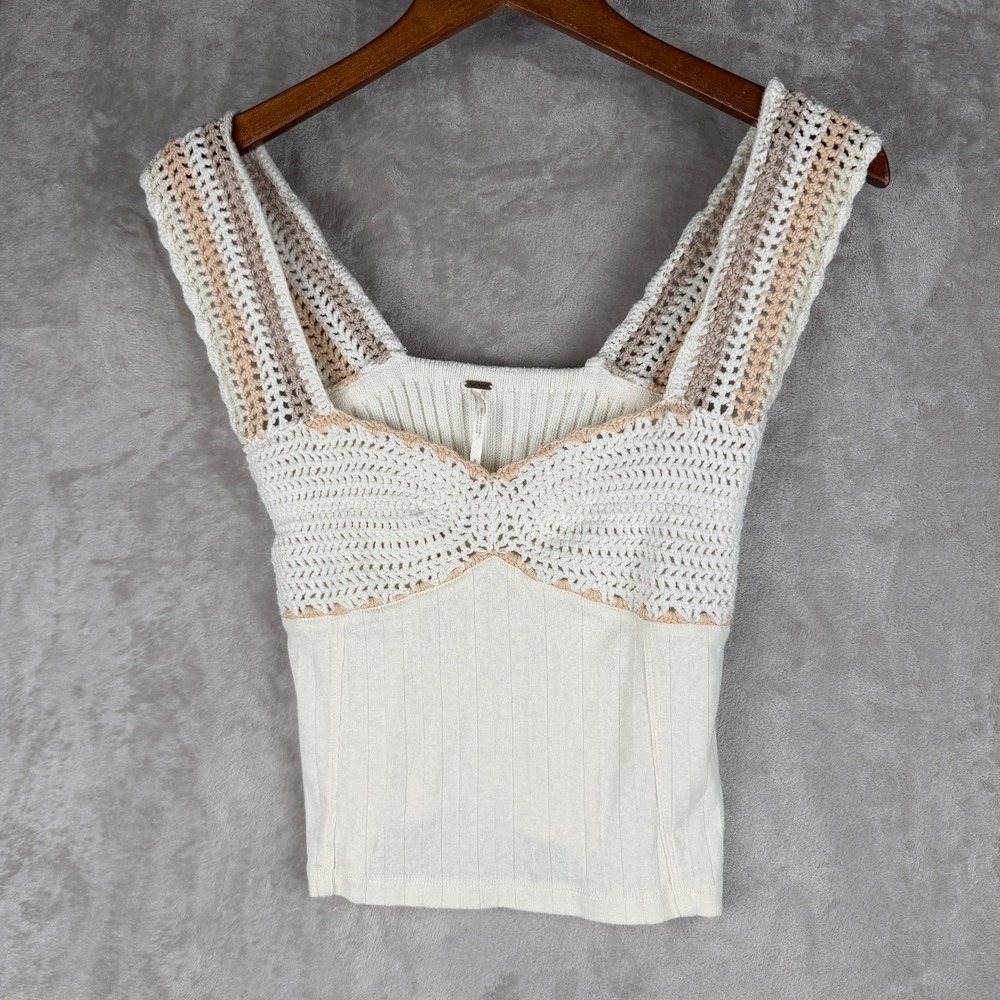 Free People Crochet Knit Tank Top Cream Peach Boho Sweetheart Neck Small